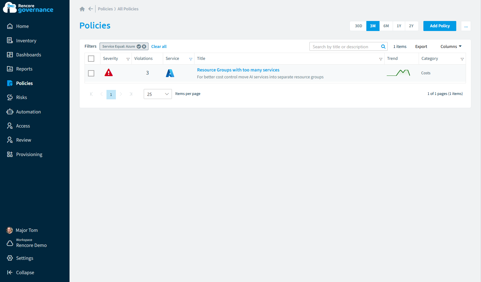 Azure governance policies in Rencore