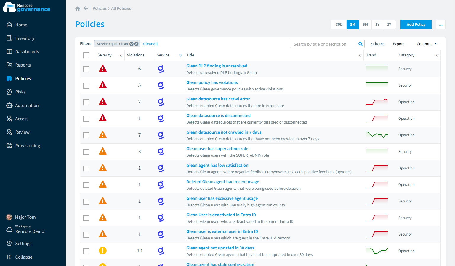 Glean governance policies in Rencore