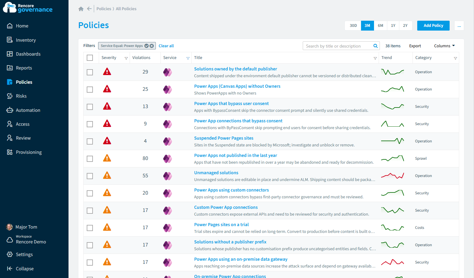 Power Apps governance policies in Rencore