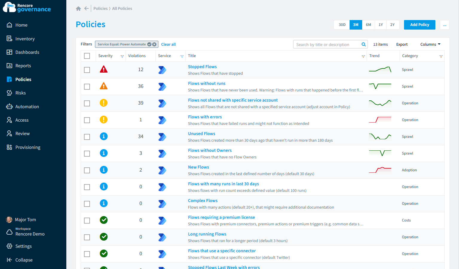 Power Automate governance policies in Rencore