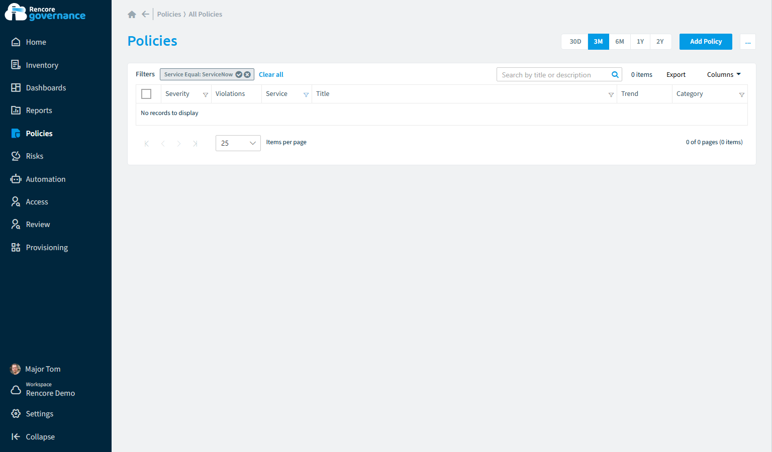 ServiceNow governance policies in Rencore