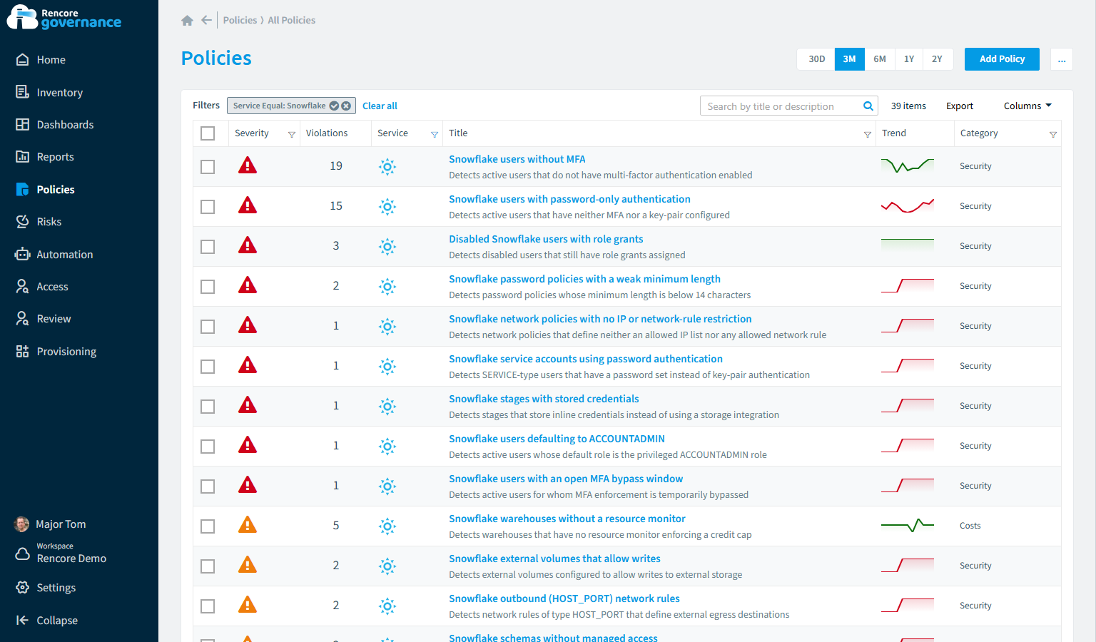 Snowflake governance policies in Rencore