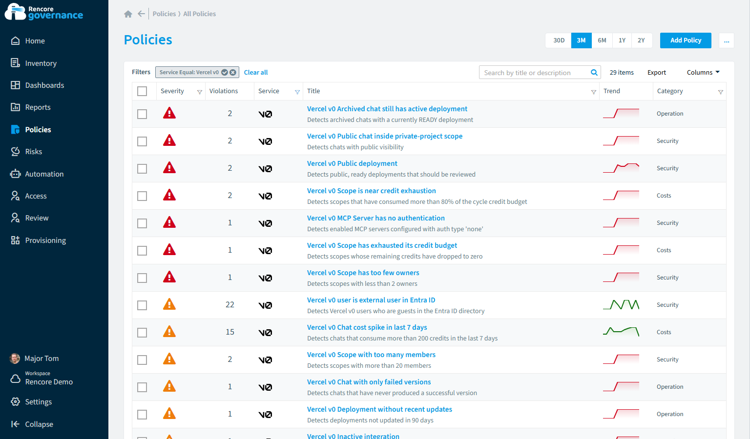 Vercel v0 governance policies in Rencore