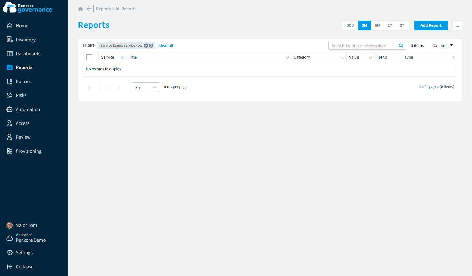 ServiceNow reports in Rencore